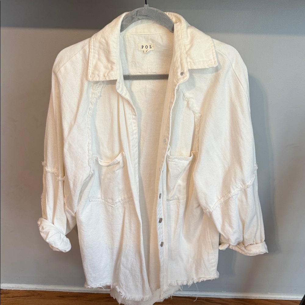 POL Fringe trim white denim jacket